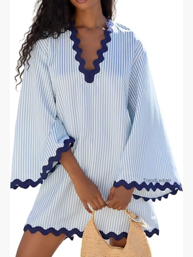 Boho Striped V-Neck Mini Dress Bell Sleeves Beach Cover Up Kaftan